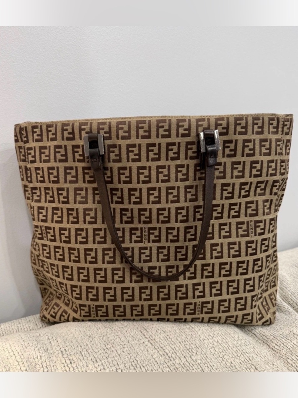 PRE LOVED Fendi Zucchino Canvas Tote with Dark Brown Handles